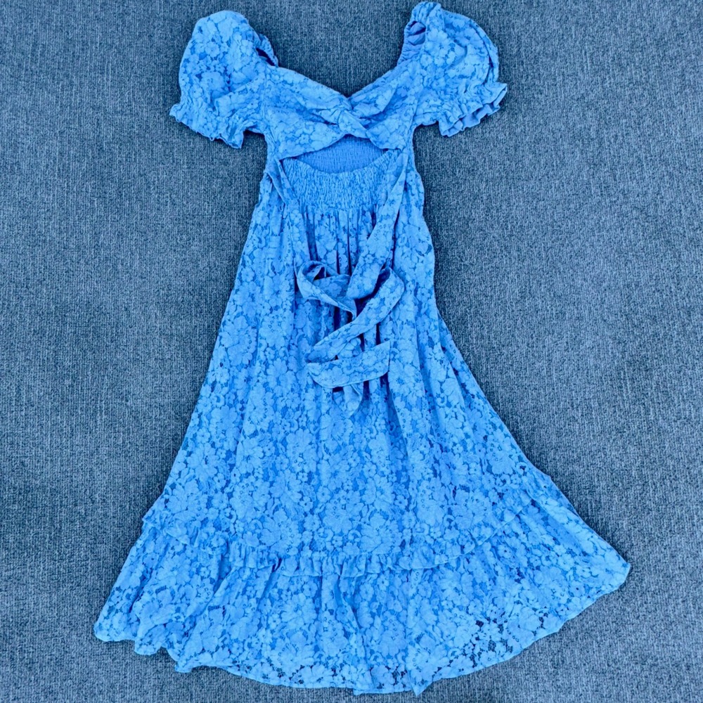 BuddyLove Blue Boho Lace Puff Sleeve Cutout Midi Dress Size Small Wedding